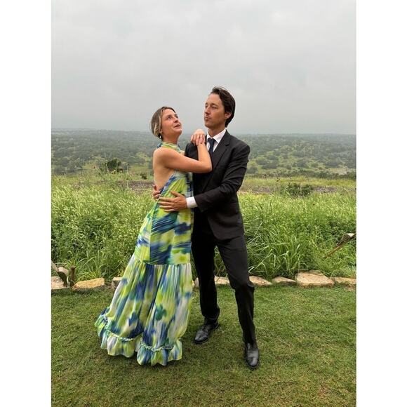 ONE33 SOCIAL Green Blue Watercolor Abstract Halter Neck Tie Dye Dress Gown SZ 4 - Picture 2 of 16